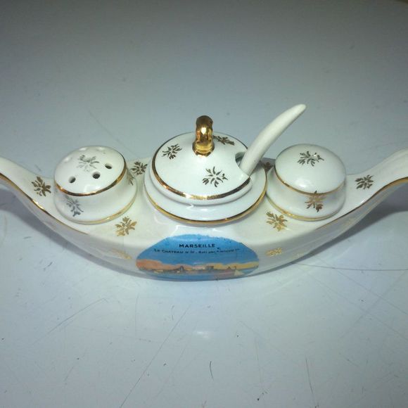 1960s vintage boat salt pepper mustard/jelly has spoon good shape what you see i - Picture 2 of 6